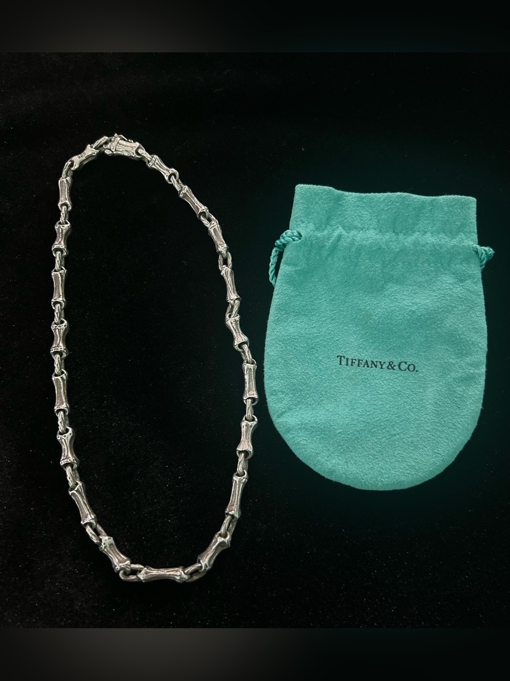 Tiffany & Co Vintage 1996 Sterling Silver Bamboo Link Necklace 16” w/ Pouch